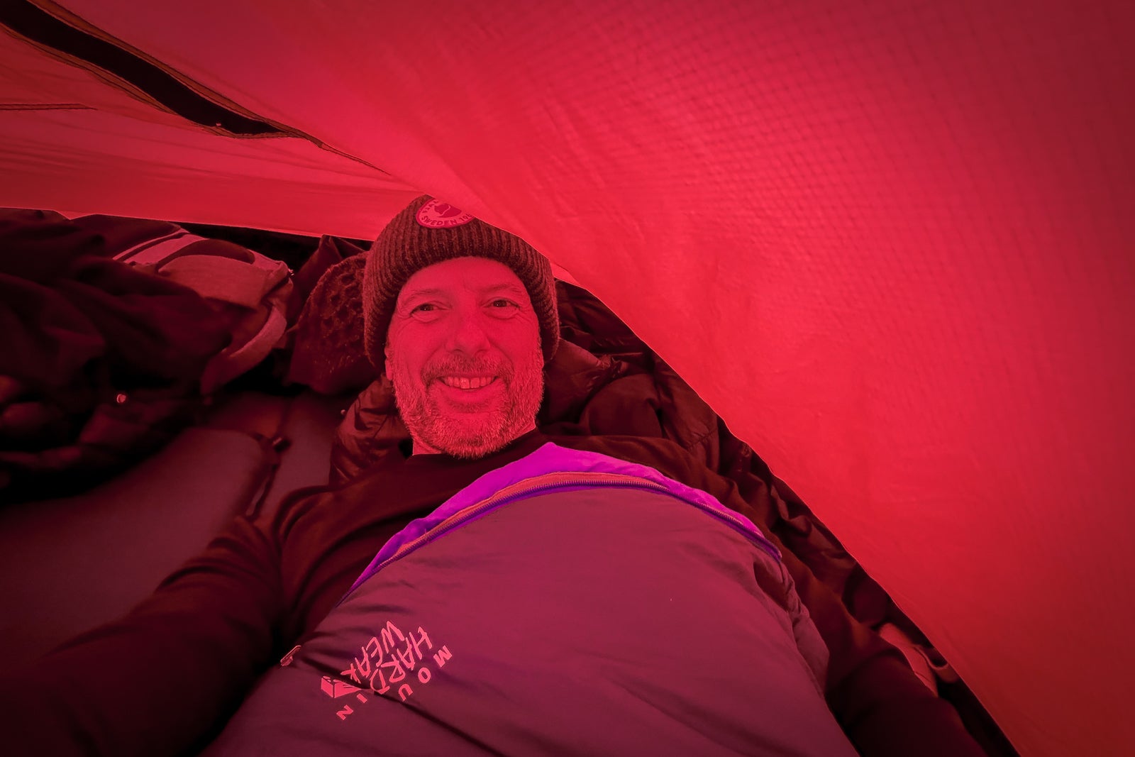 TPG's Gene Sloan snuggled into his sleeping bag during his Antarctic camping outing.