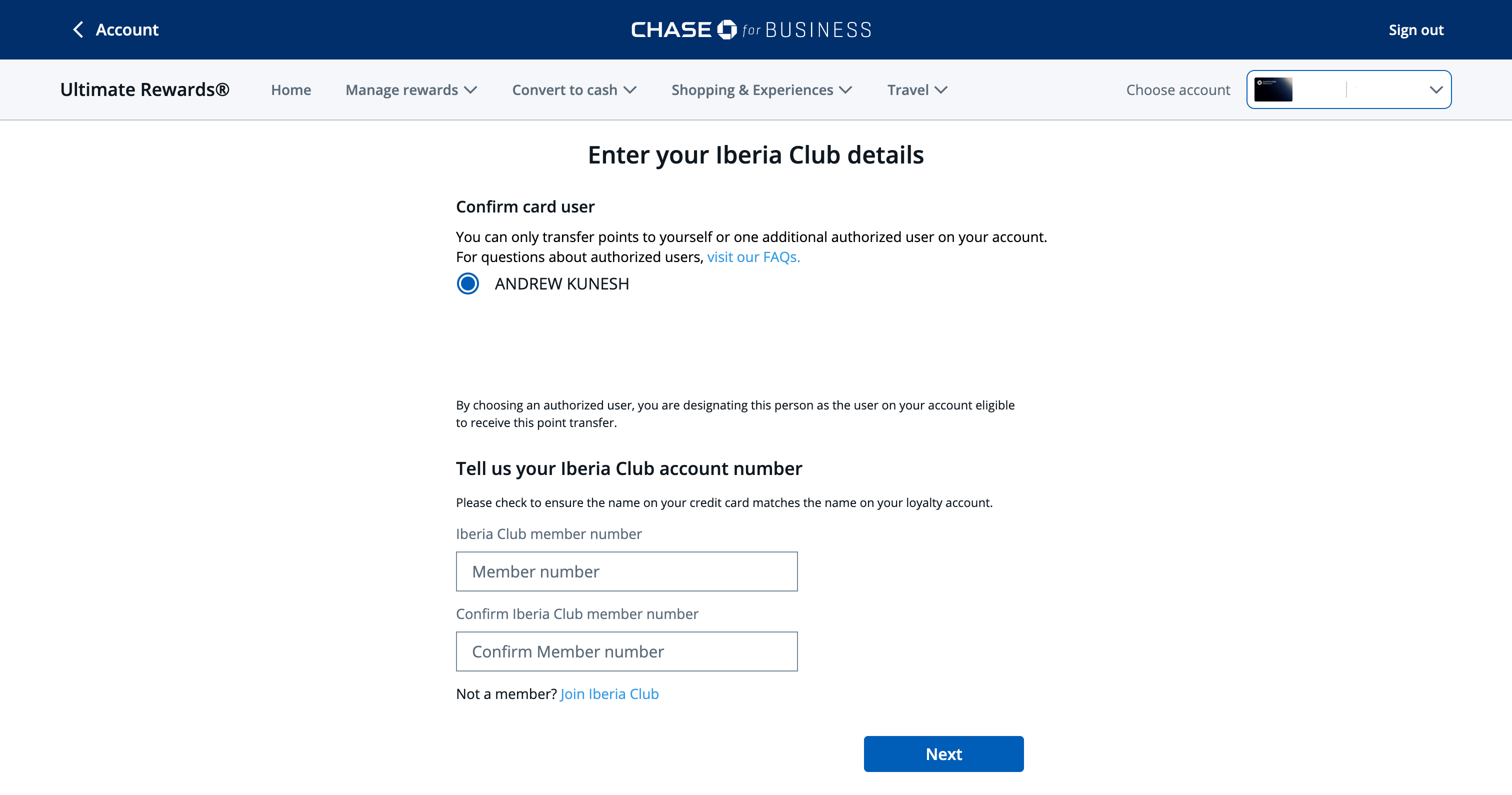 Adding Iberia number to Chase Ultimate Rewards