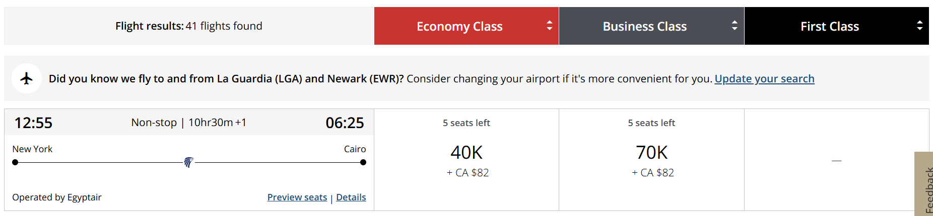 Aeroplan NYC-CAI flight points