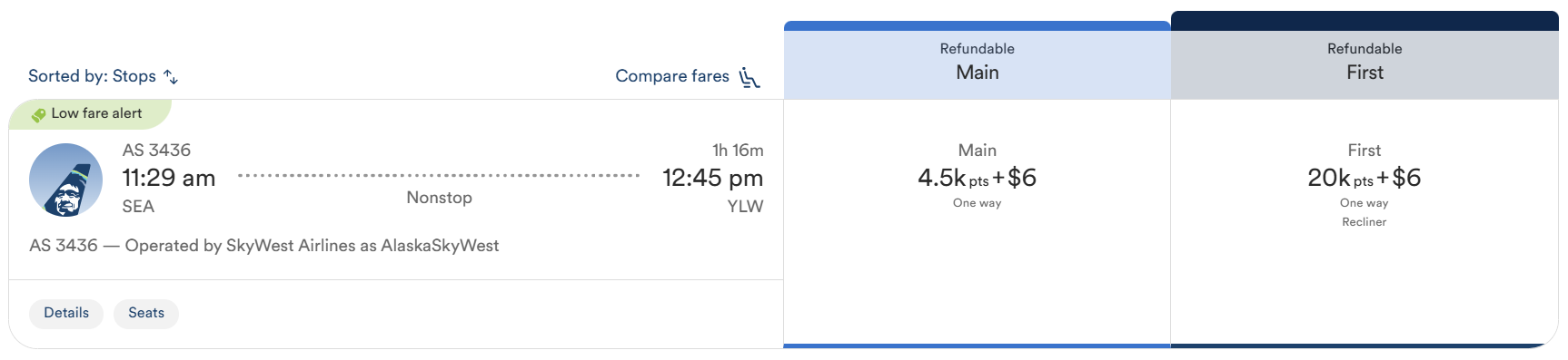 Alaska Airlines SEA-YLW points