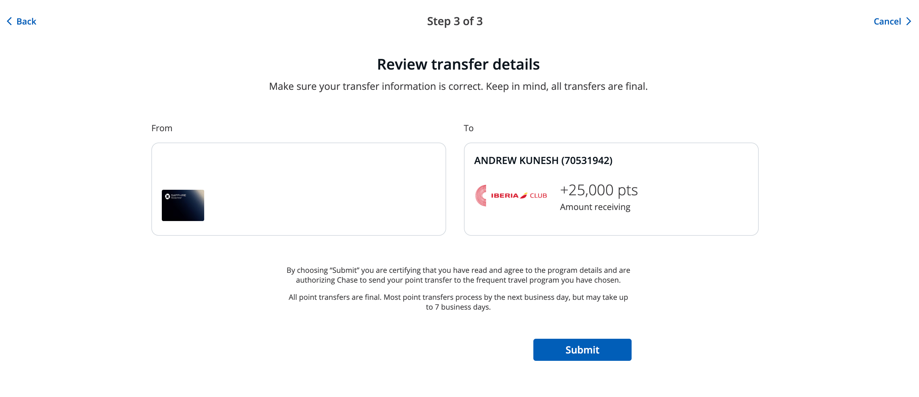 Confirming an Ultimate Rewards to Iberia transfer