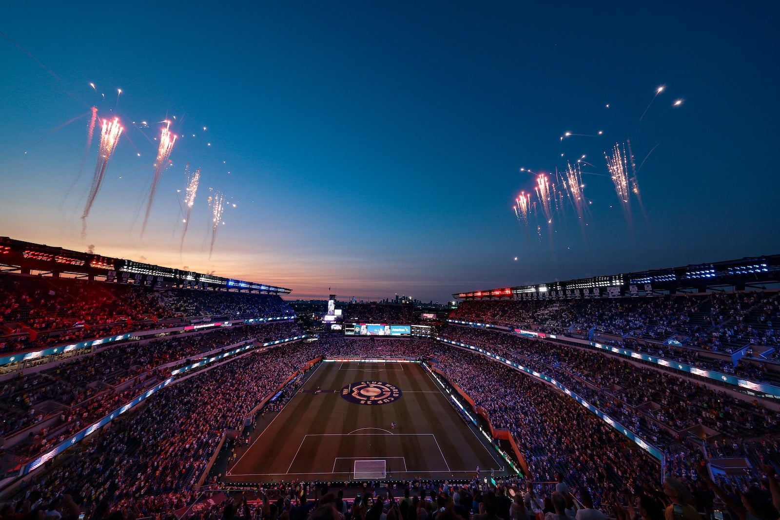A general view as fireworks explode to celebrate July 4th American Independance Day, prior to kick off in the FIFA Club World Cup 2025 quarter final match between SE Palmeiras and Chelsea FC at Lincoln Financial Field on July 04, 2025 in Philadelphia, Pennsylvania.