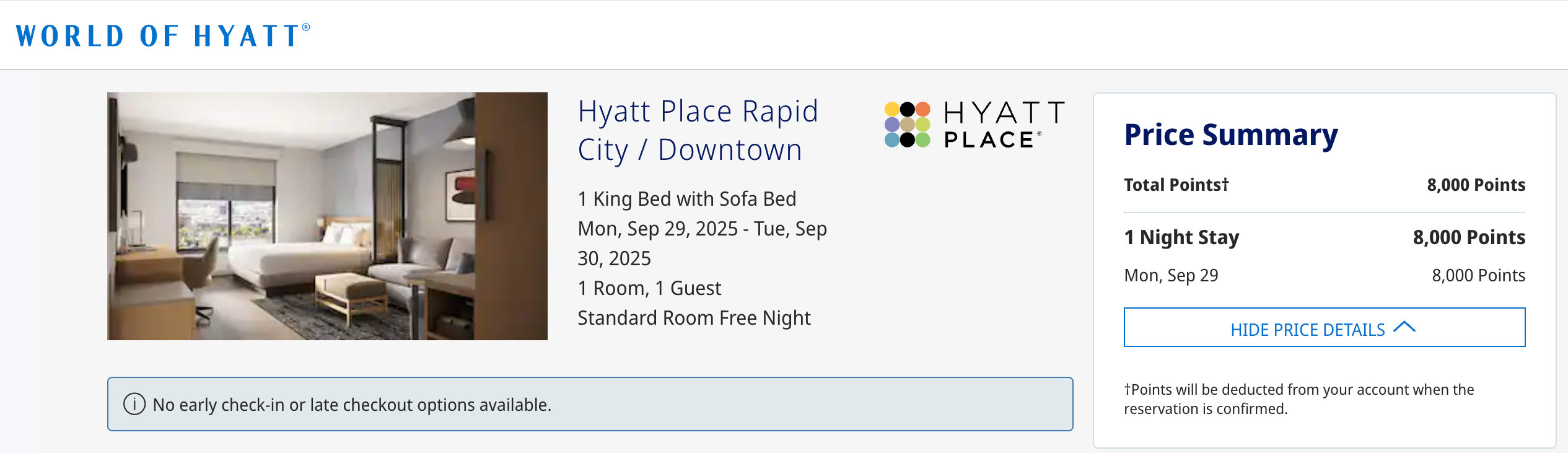 Screenshot of Hyatt Place booking confirmation.