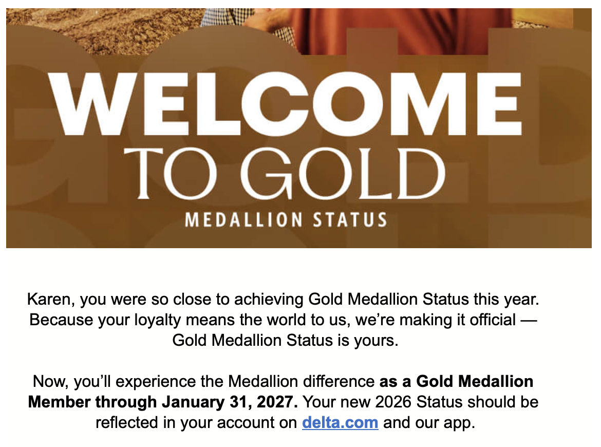 Delta email to loyalty member granted gift status