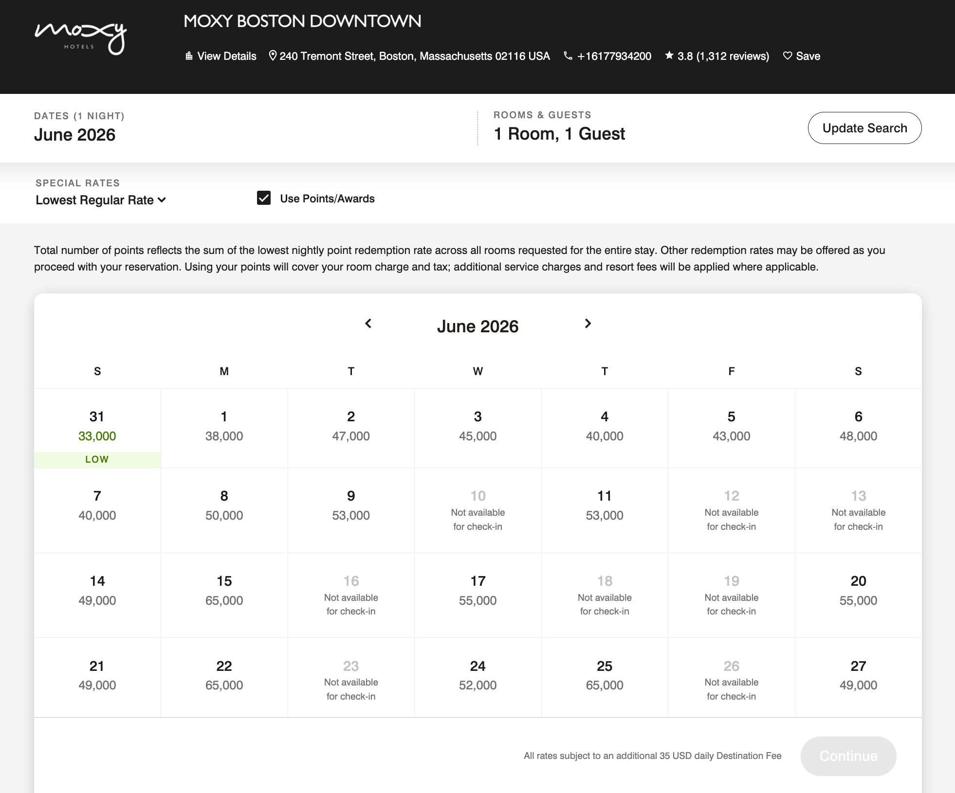 Screenshot of Marriott Award calendar for June 2026 at the Moxy in Boston