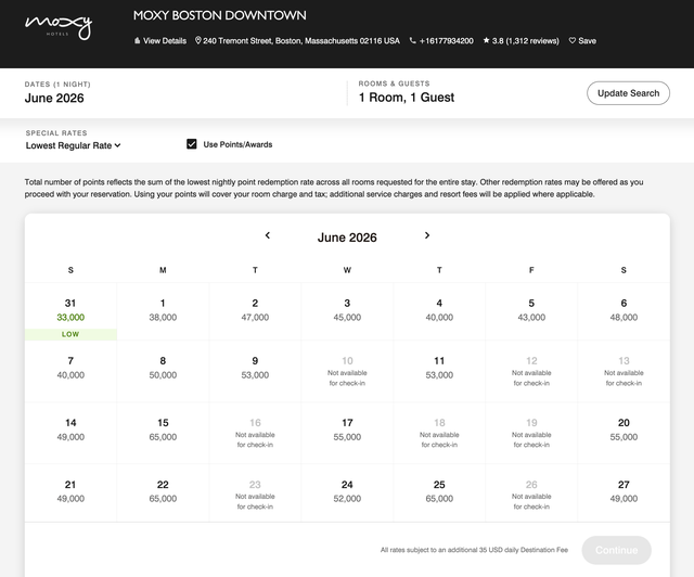 Screenshot of Marriott Award calendar for June 2026 at the Moxy in Boston
