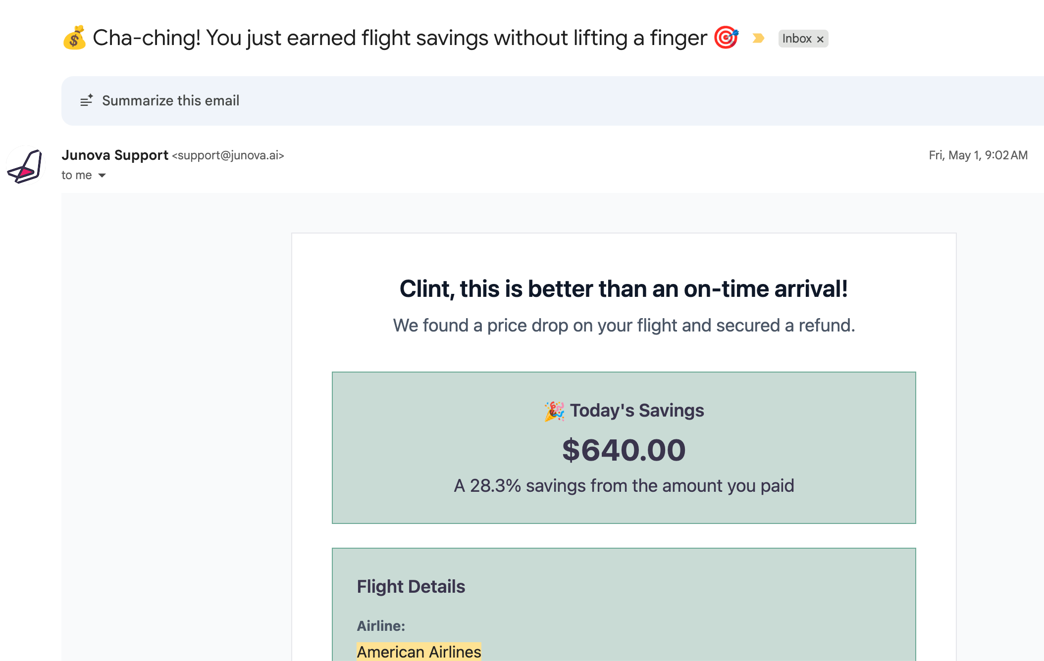 Flight credit for an American Airlines flight.