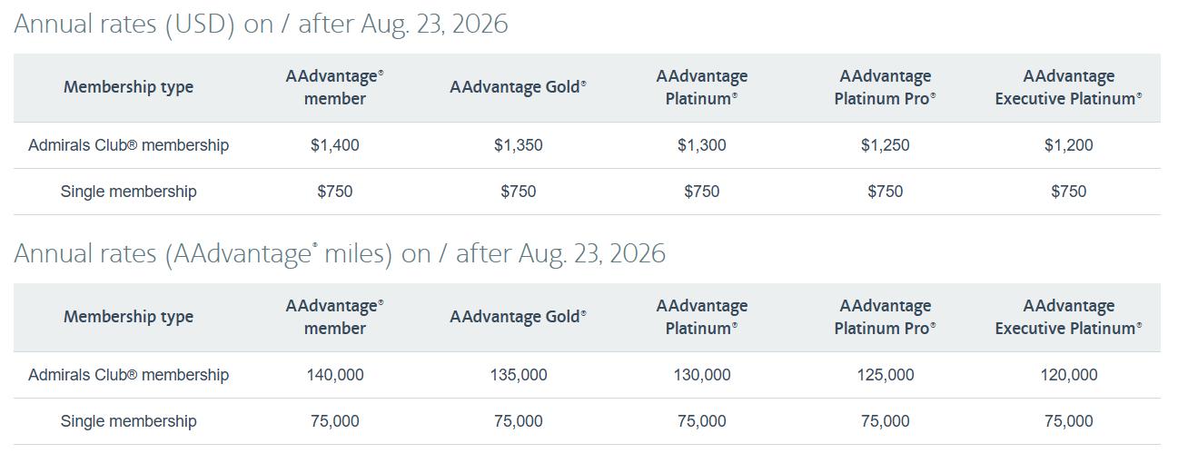 Screenshot showing Admirals Club membership prices.