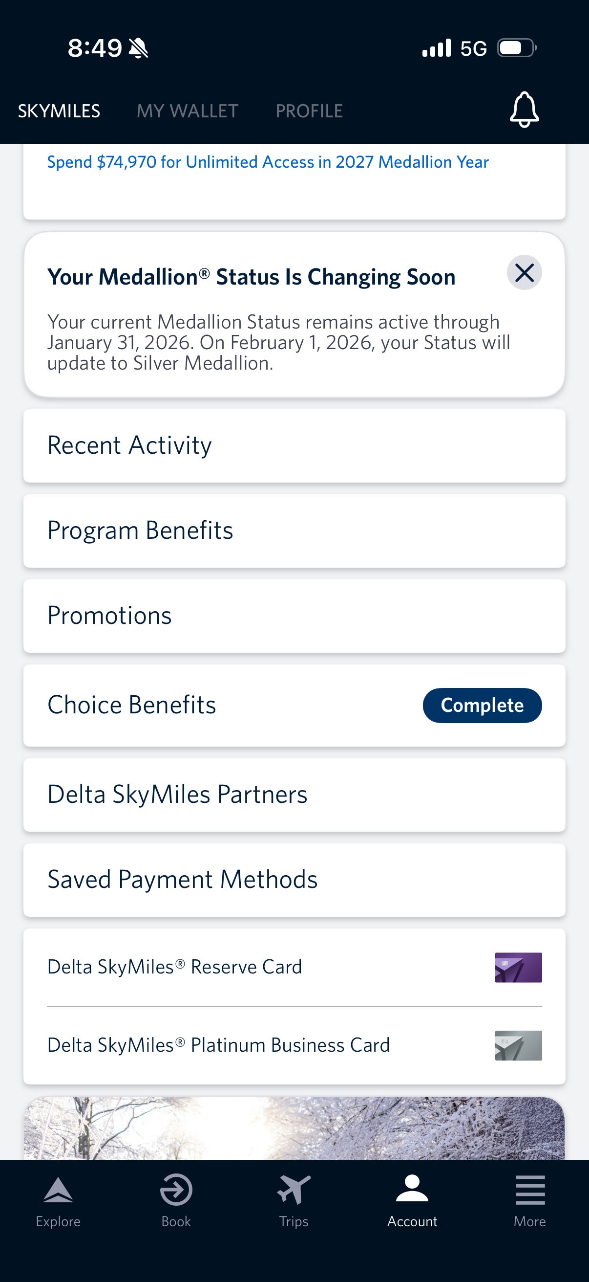 The author's Delta profile including note on changing Medallion status. DELTA AIR LINES