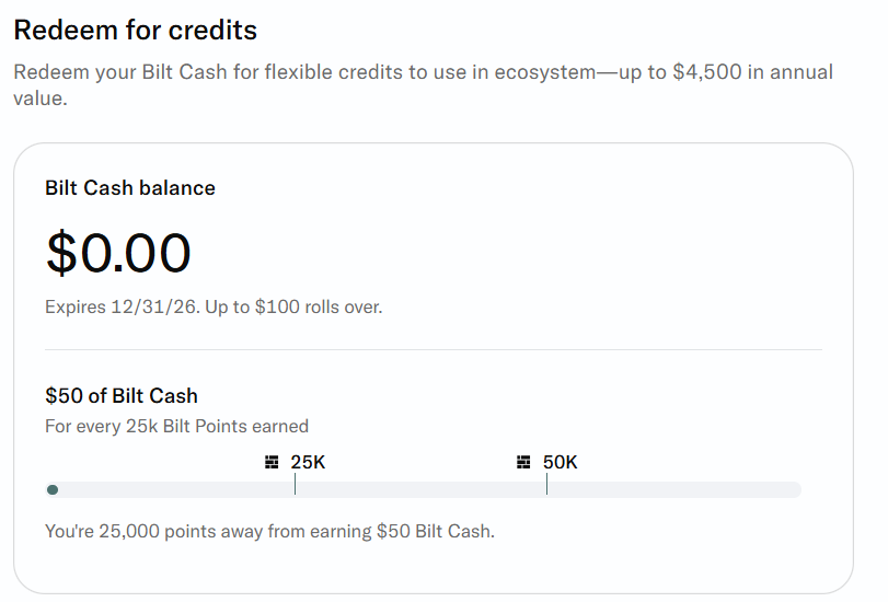 Bilt points milestones for earning Bilt Cash