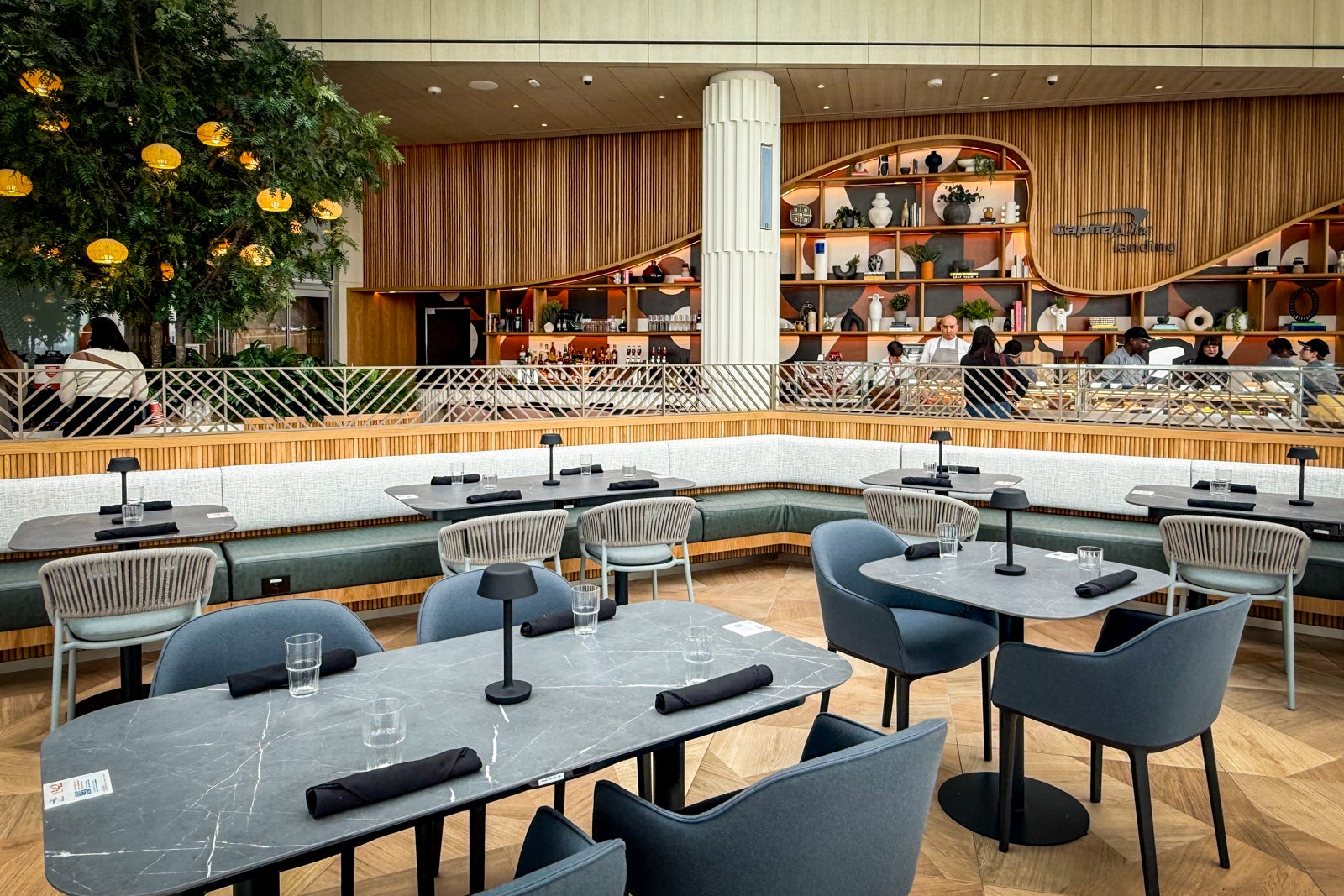 Large seating area at an airport lounge