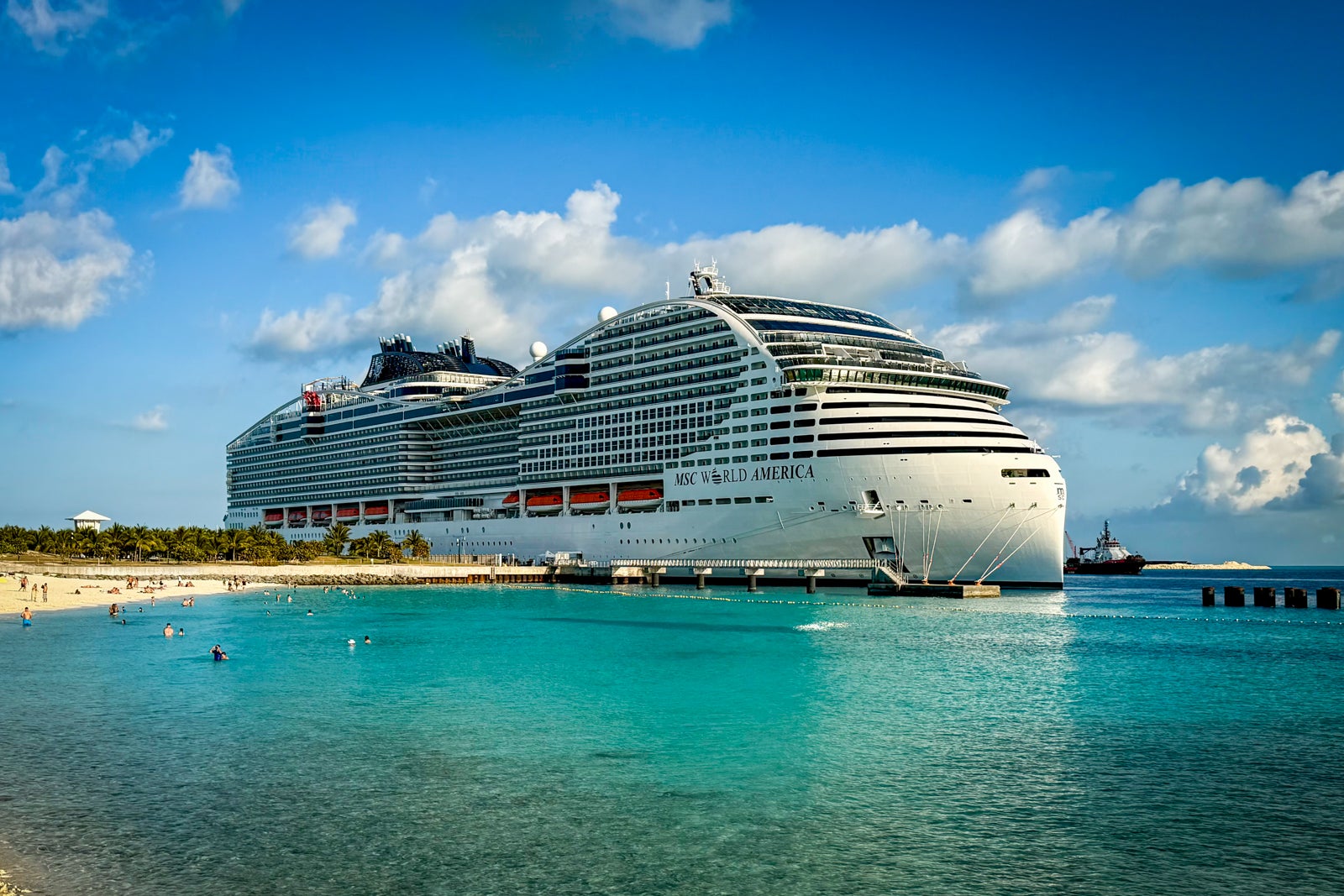 MSC World America docked at Ocean Cay in the Bahamas