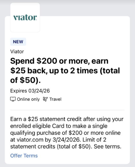 Amex Offer $25 back on $200 at Viator