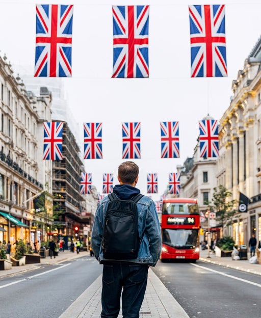 Rear view of man with backpack standing on Regent street decorated with British flags, London, UK