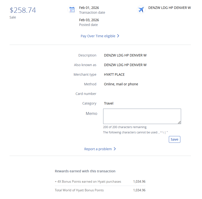 Hyatt Place Westminster credit card purchase