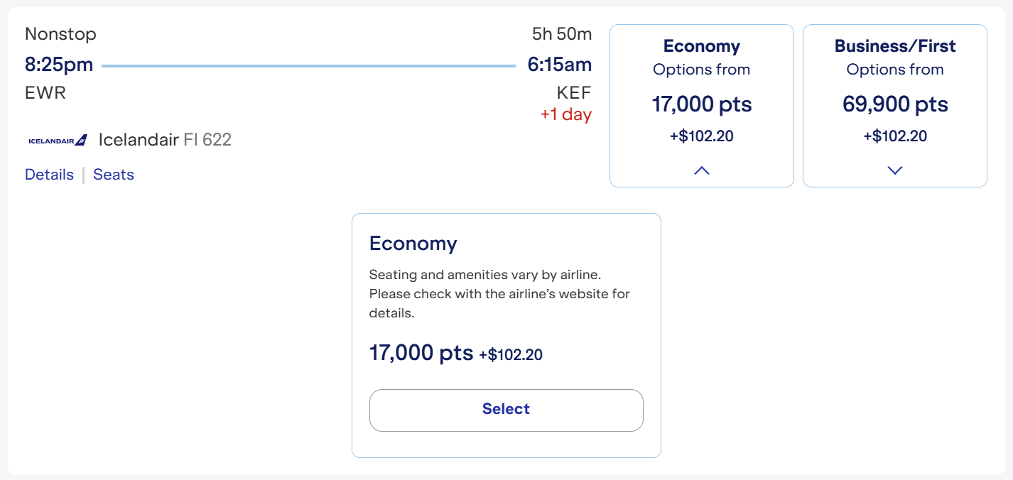 JetBlue flight EWR-KEF 17k points