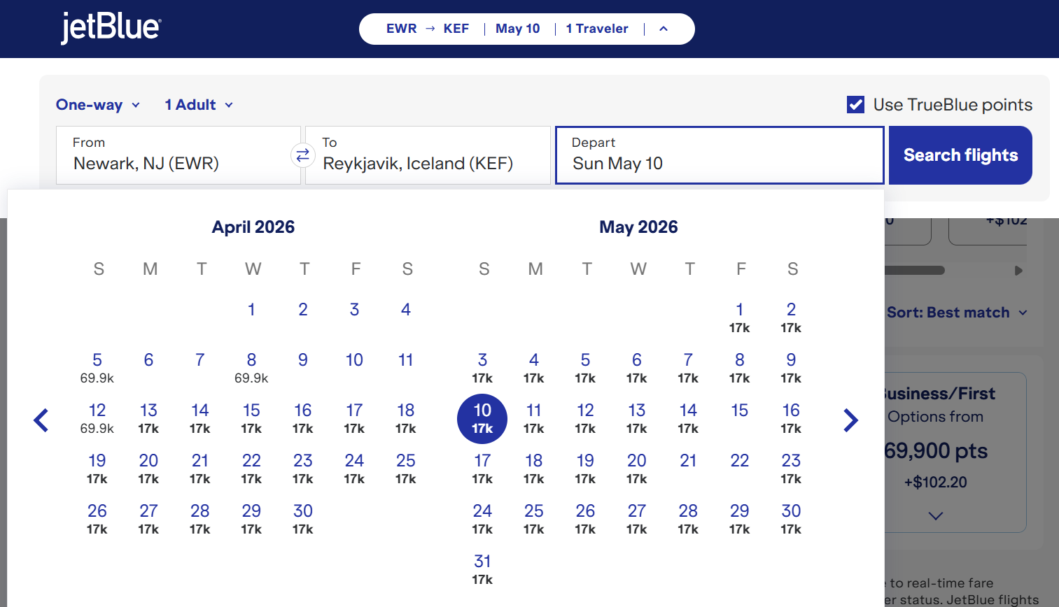 JetBlue points calendar EWR-KEF Apr-May
