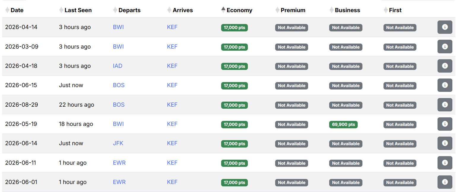 seats.aero search JetBlue to KEF