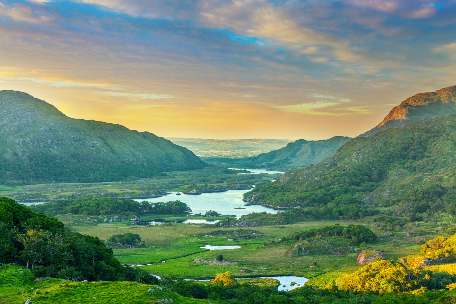 Landscape in Ireland along the Ring of Kerry, view from the Ladies View, Killarney National Park