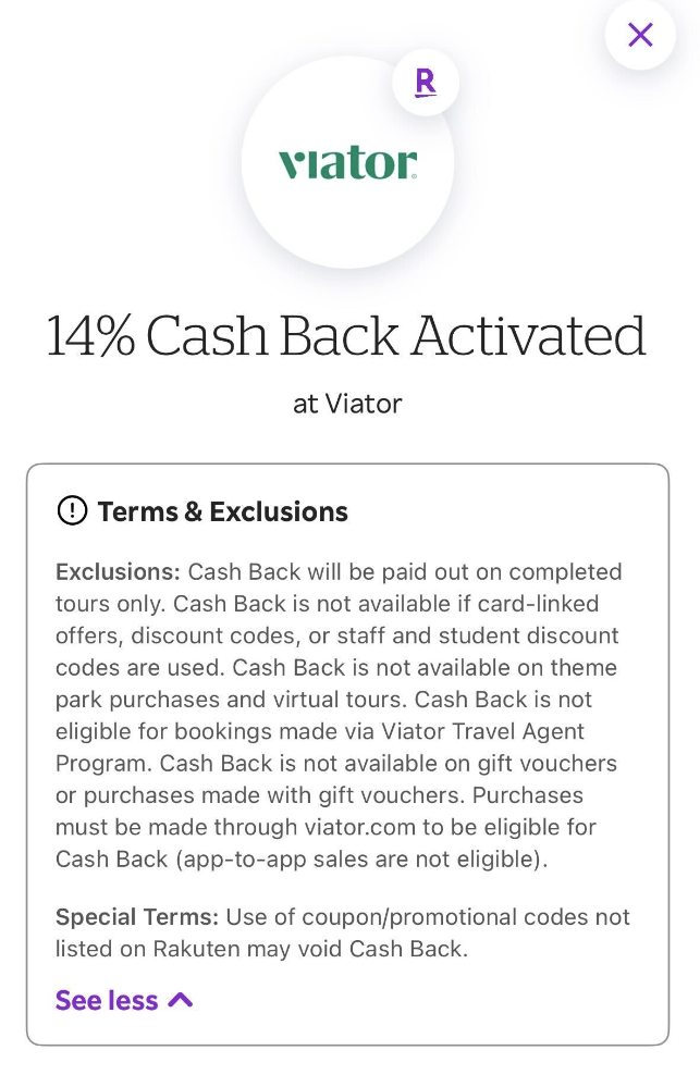 Rakuten app screen 14% cash back at Viator