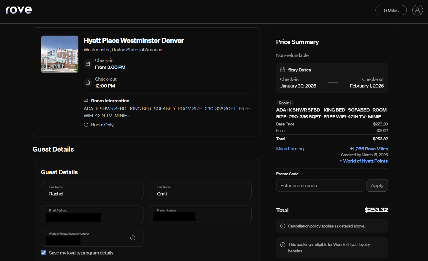 Rove hotel booking page