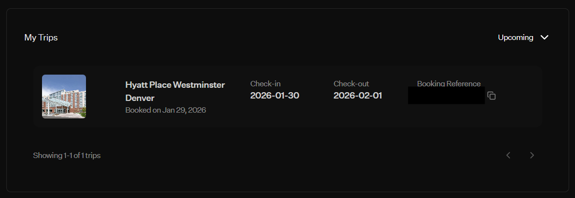 Hyatt Place Westminster reservation in Rove account