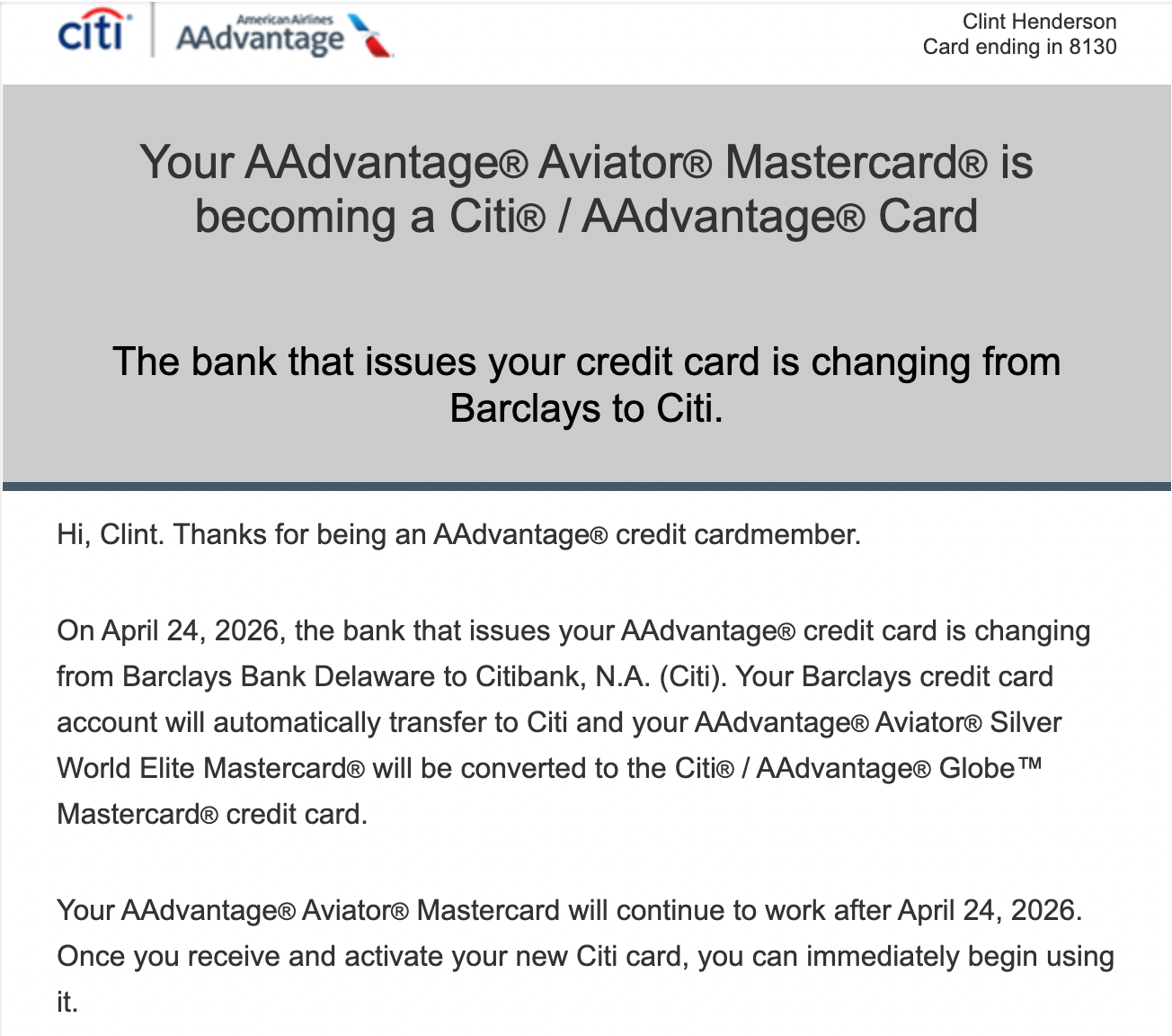 Letter from Citi discussing fate of my Barclays card.