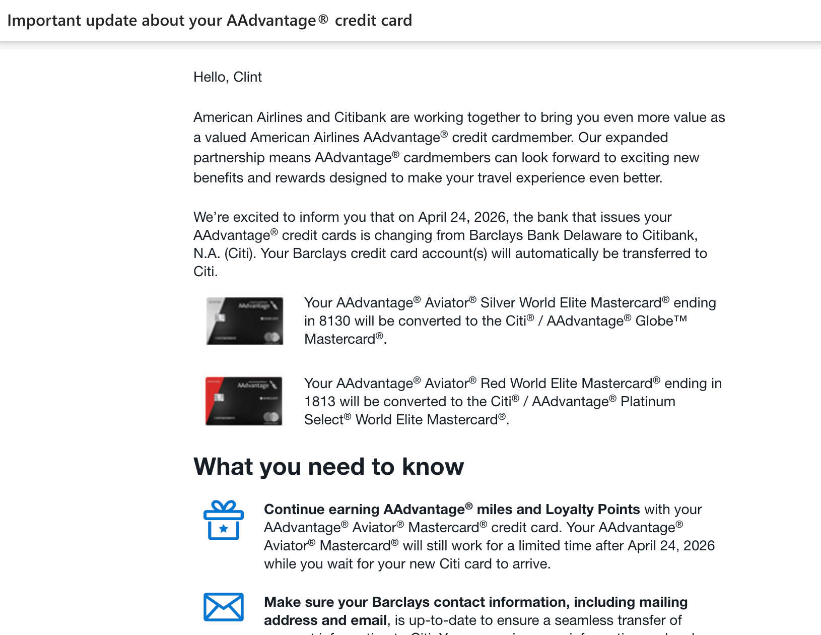 Letter from Citi about my Aviator credit cards.