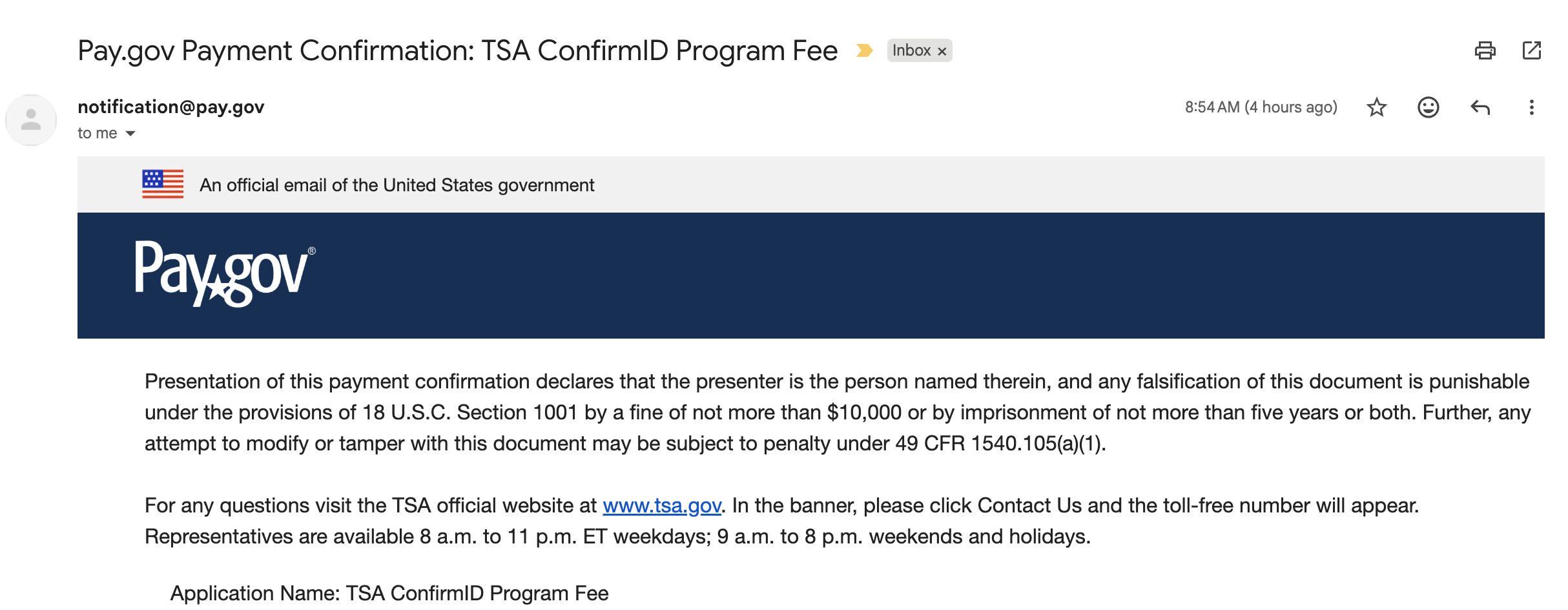 TSA Confirm ID confirmation. TRANSPORTATION SECURITY ADMINISTRATION/PAY.GOV