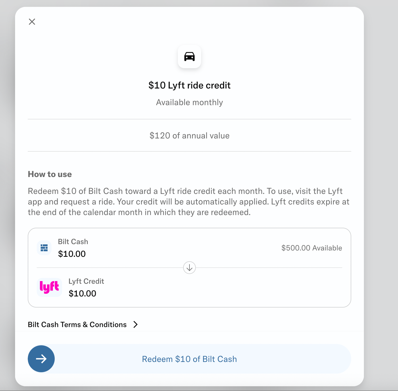 Bilt Cash options for redemptions. BILT