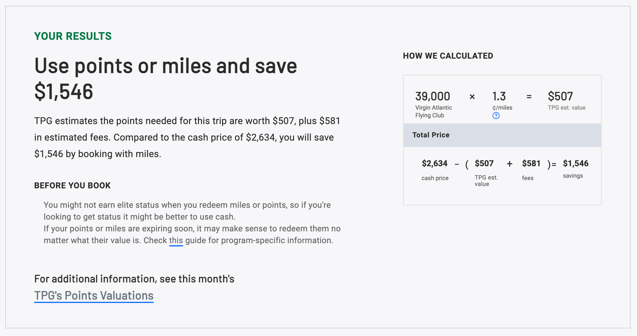 Points vs. cash calculator Virgin Atlantic