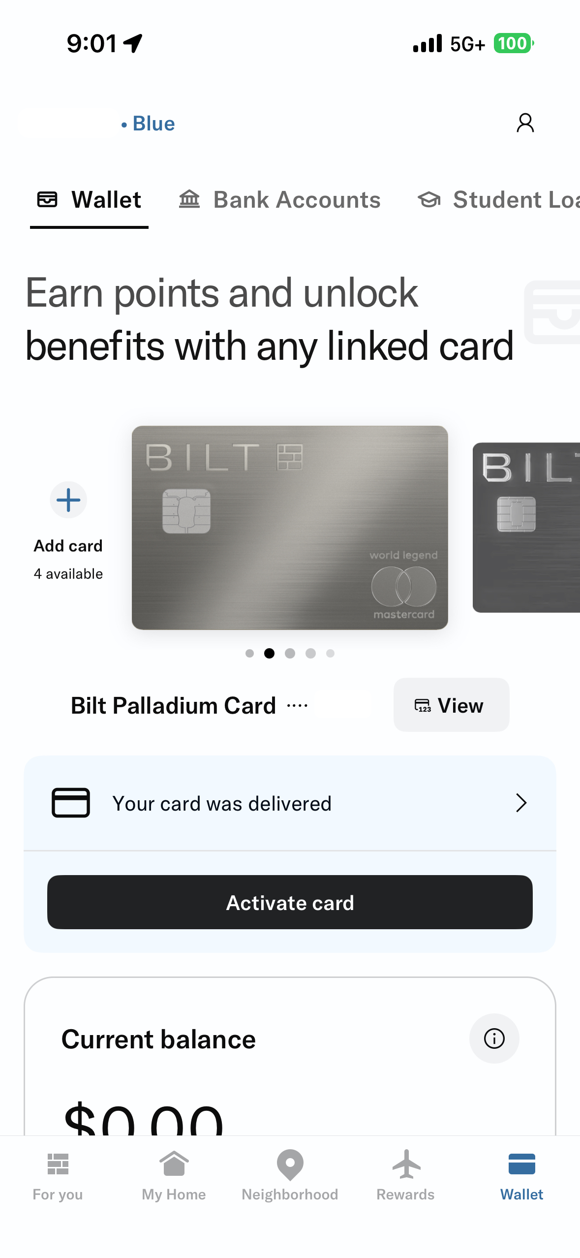 Bilt app screen showing how to active a new credit card