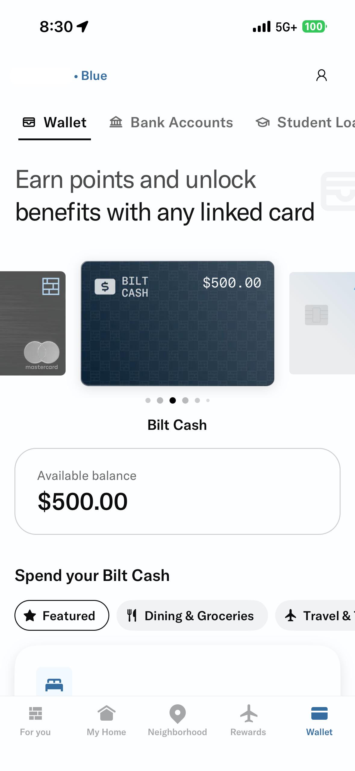 App screenshot showing Bilt cash
