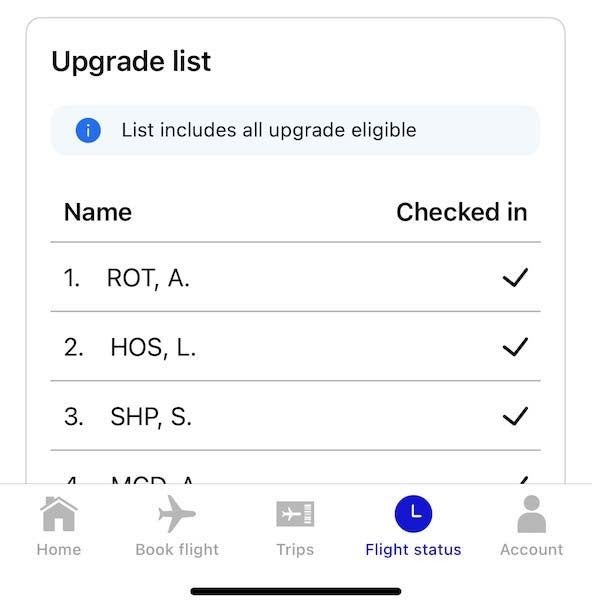 United app showing Premier 1K complimentary upgrade.