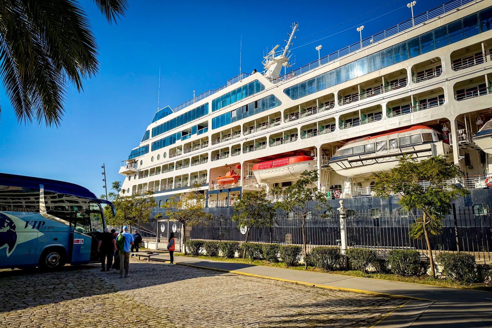 Azamara Journey docked along the riverfront of Seville.