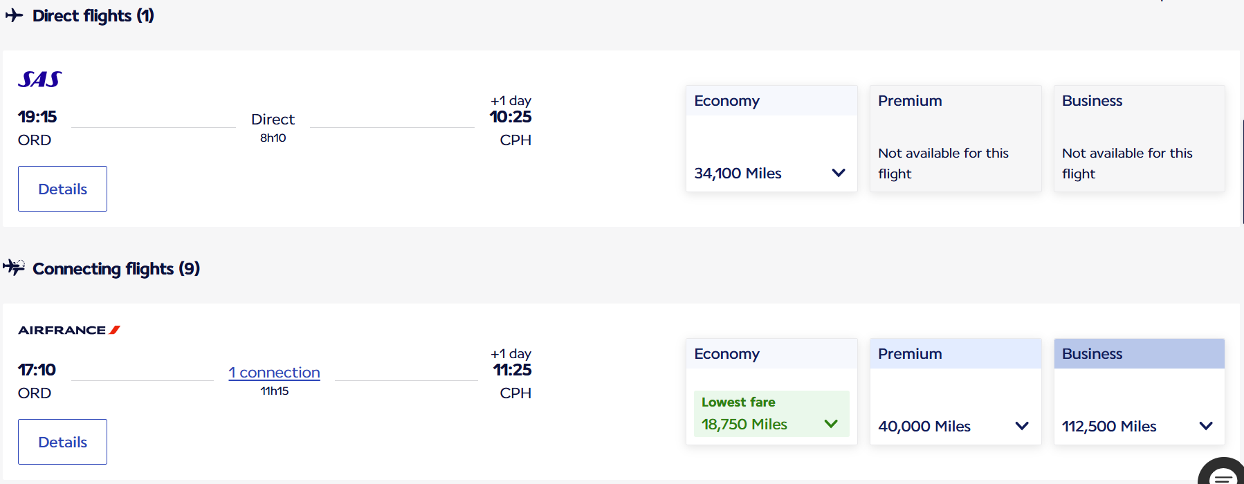 Flying Blue ORD-CPH 3-30 award ticket