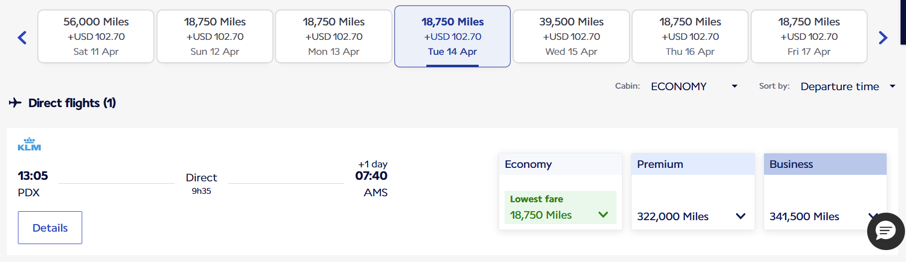Flying Blue PDX-AMS 4-14 award ticket