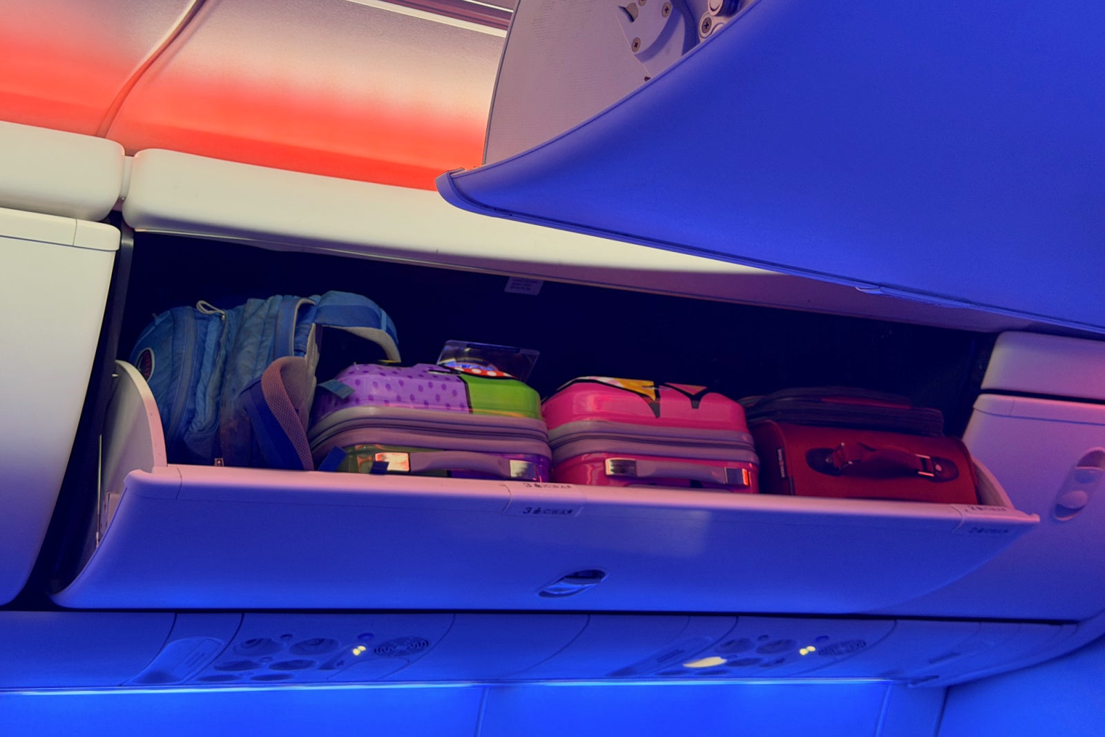 Full overhead bin on Southwest Airlines