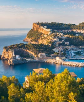 High Angle View on Port de Soller, Mallorca, Balearic Islands, Spain at Sunset.