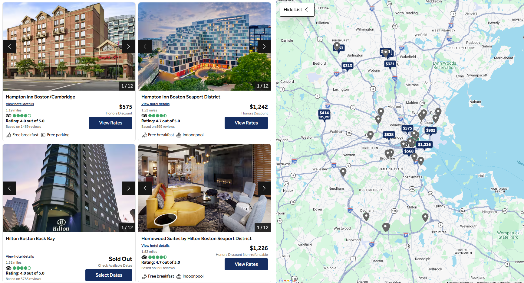 Hilton Boston hotel options map view July 9