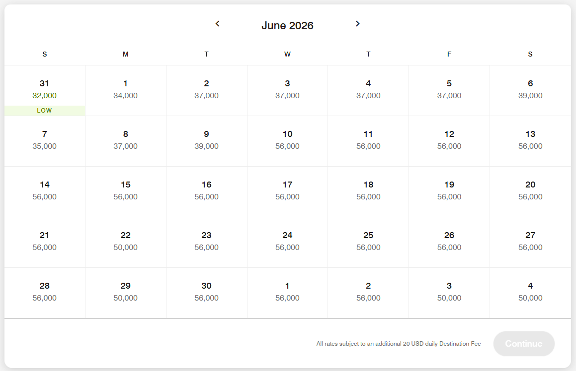 Marriott Westin LA points calendar June 2026