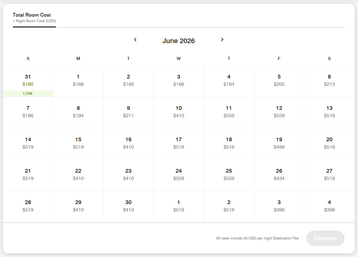 Marriott Westin LA Airport price calendar June