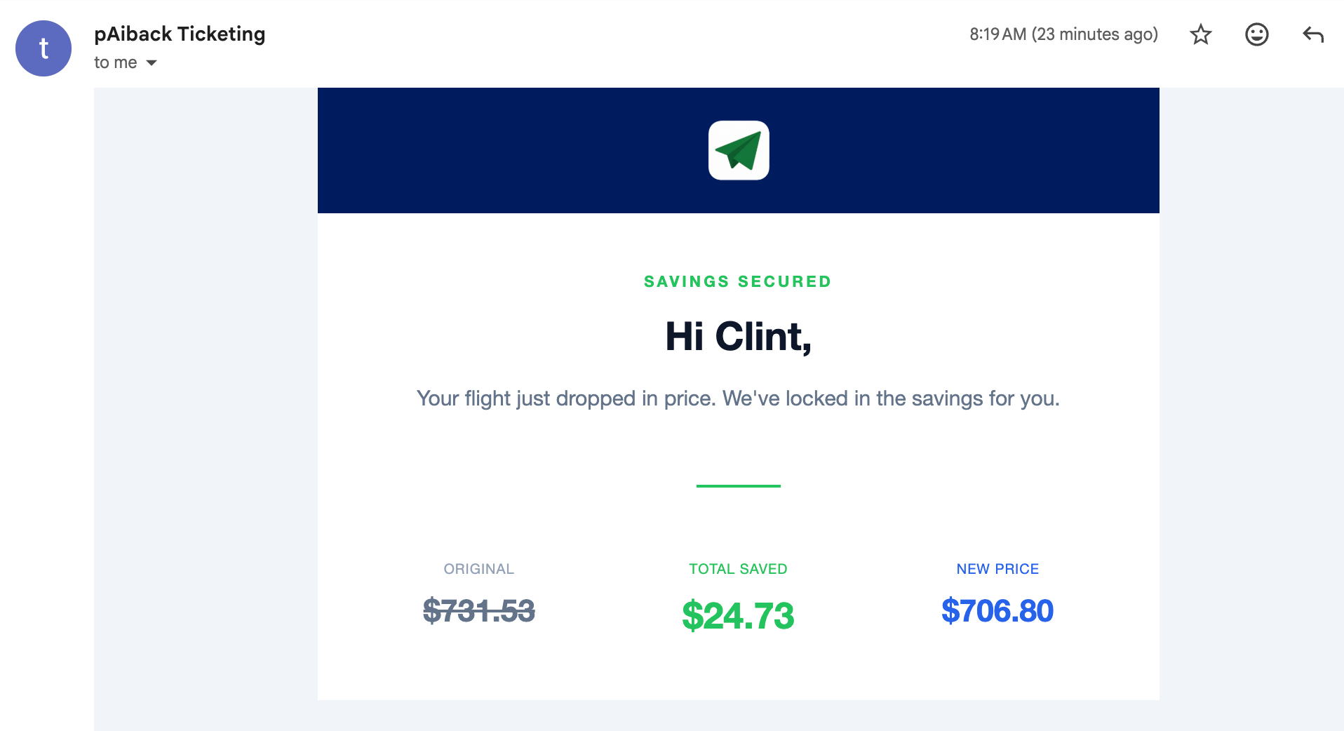 Notification of a credit that the flight tracking company found for me.