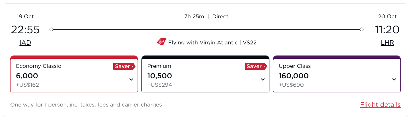 Virgin award ticket IAD-LHR Oct 19 10.5k premium econ