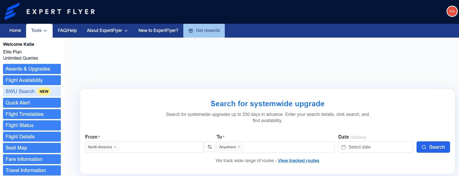 ExpertFlyer systemwide upgrade search