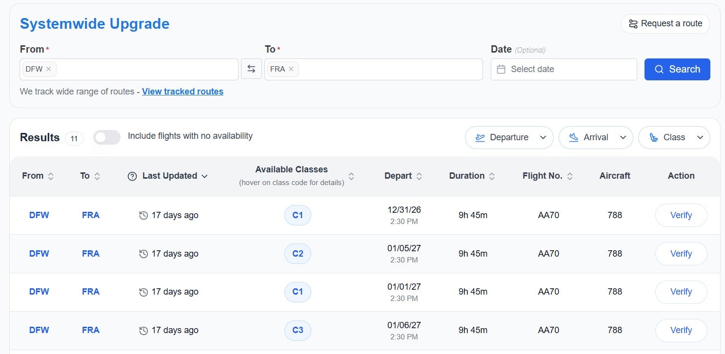 ExpertFlyer systemwide upgrade search