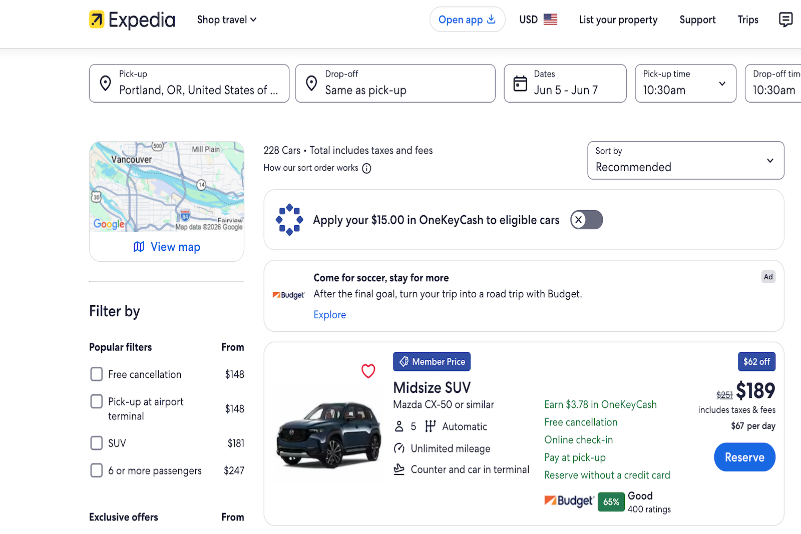 Rental car check-out on Expedia itinerary