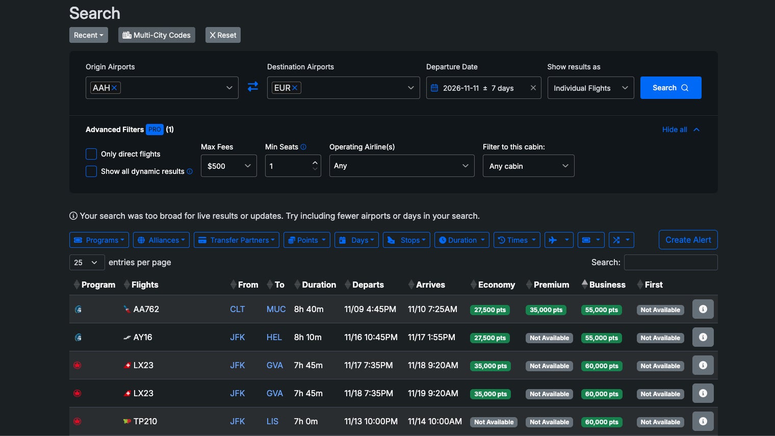 SEATS.AERO screenshot