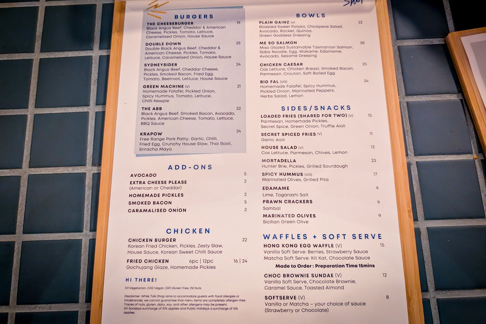 Talk Shop menu at the Caption by Hyatt Central Sydney
