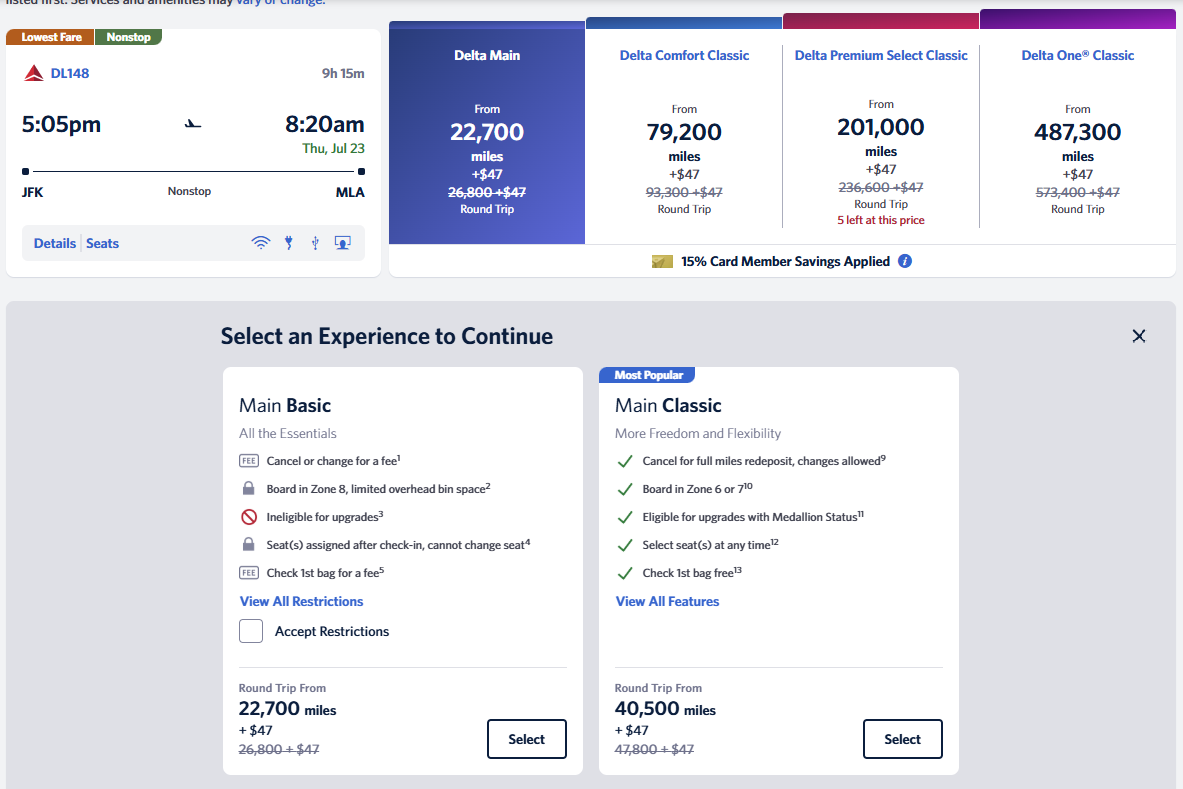 Delta JFK-MLA July miles roundtrip